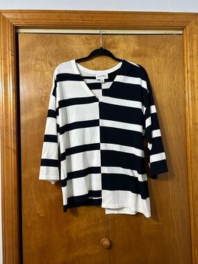 Joseph Ribkoff Black and White Striped V-Neck Top